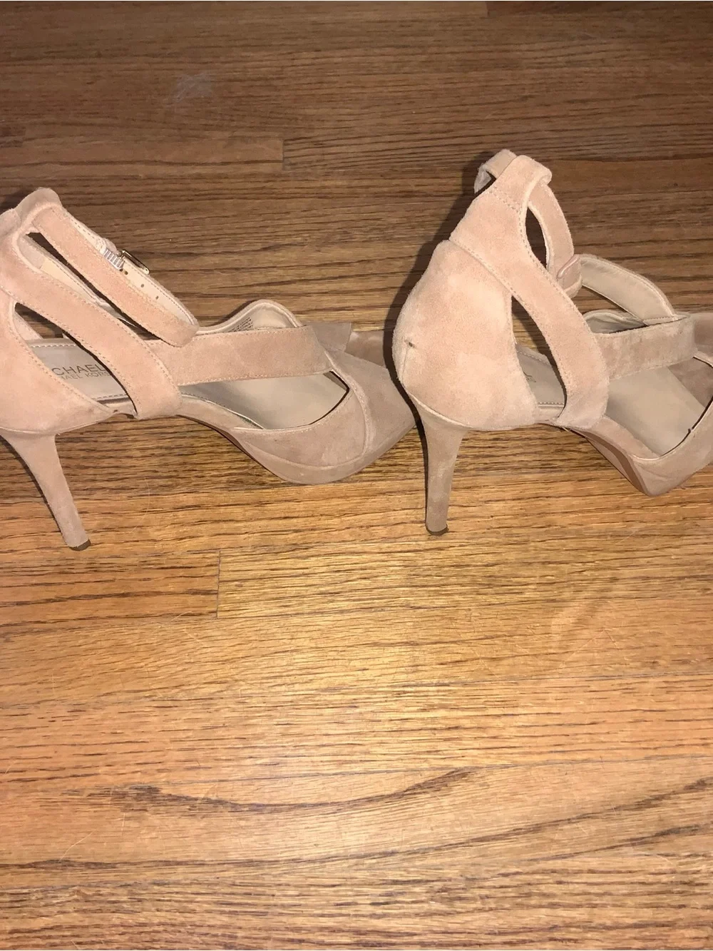 Michael Kors Suede Crisscross Ankle-Strap Heels in Beige